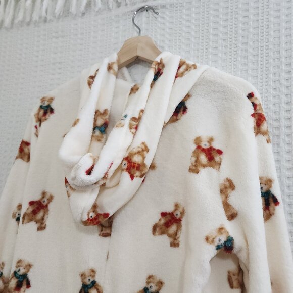 Forever 21 Teddy Bear Fleece Hooded Onesie Pajamas Cream Cozy Size Small - Picture 11 of 12